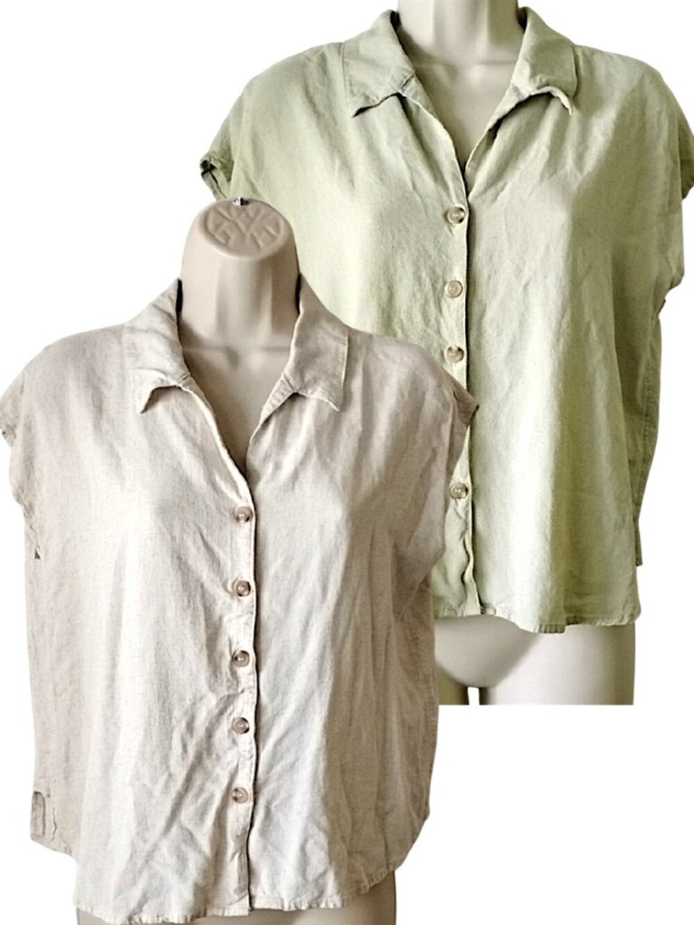Set Of 2 Stitch+Feather Linen Blend Button Down Shirts L Sand Avocado